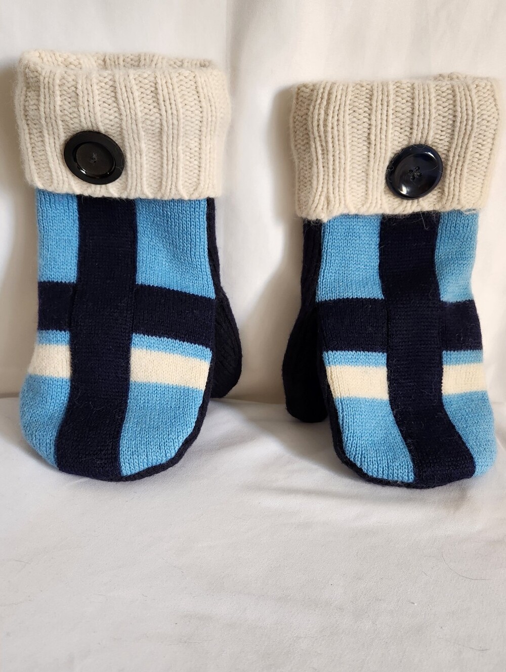 Wool Mittens Blue & Cream Knit Button Cuff Mittens